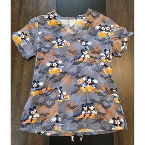 Disney Scrubs Top Mickey Mouse‎ Halloween sz XS Bats Spider Web Pumpkins Shirt